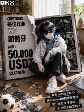 A promotional OKX World Cup poster featuring an anime-style figure with text announcing a prediction contest for the Colombia vs. Portugal match (6/26, 07:30) with a 50,000 USD 2U2 sponsor prize and a top 10 ranking reward, relating to the post's mention of OKX's World Cup prediction event offering up to 16.66 BTC in XP rankings.