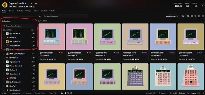 A screenshot of an NFT marketplace showing a user's collection dashboard for "Crypto-Czar51" with stats like USD value and a sidebar of collections including QUOKKAS.