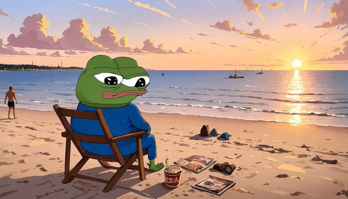 A cartoon-style illustration of Pepe the Frog sitting in a wooden beach chair watching a sunset over the ocean, with a soda can and magazines nearby.