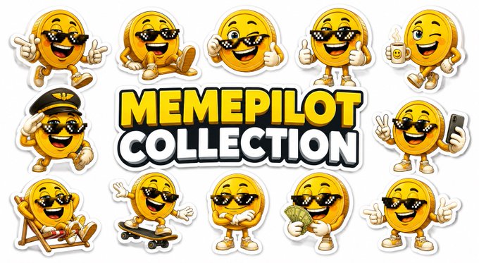 The image is a vibrant "MEMEPILOT COLLECTION" sticker pack featuring various cartoon yellow emoji-style characters in shades, sunglasses, and outfits engaging in fun activities like skateboarding, lounging, and holding cash, visually echoing the post's message of the $MEPI meme coin rallying a lively "crew" during meme season.
