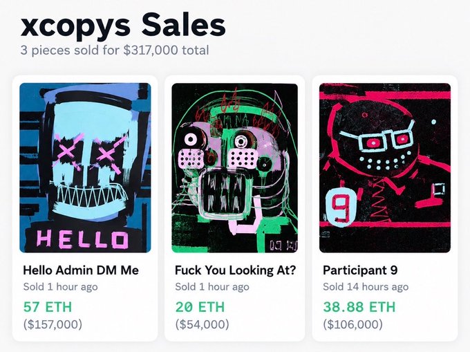 An NFT sales dashboard titled 'xcopys Sales' shows three pieces sold for $317,000 total: 'Hello Admin DM Me' for 57 ETH ($157,000), 'Fuck You Looking At?' for 20 ETH ($54,000), and 'Participant 9' for 38.88 ETH ($106,000).