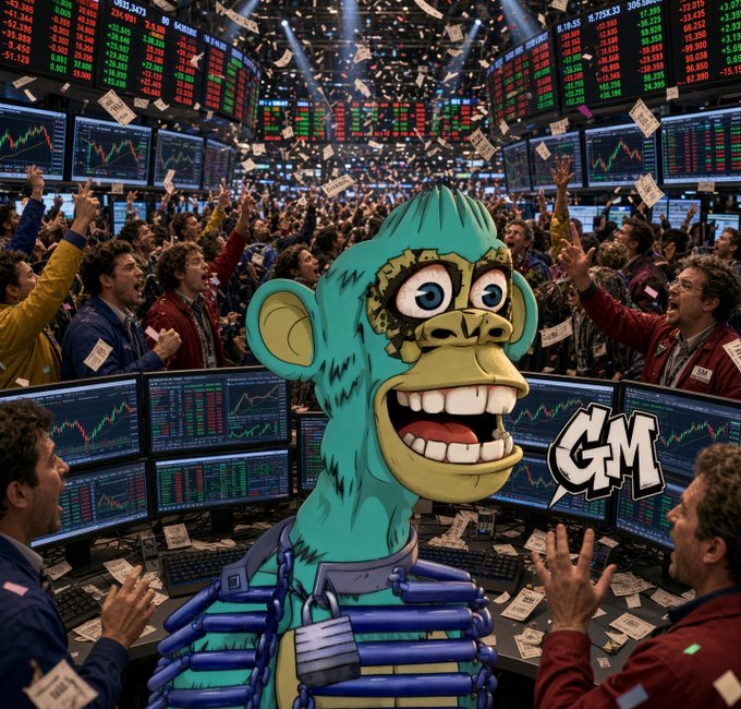 A chaotic trading floor scene with cheering traders, falling confetti, and stock ticker boards, featuring a large cartoon monkey character in the center with a "GM" speech bubble.