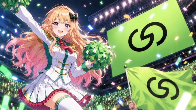 An anime-style cheerleader with long blonde hair and purple eyes enthusiastically waves green pom-poms in a stadium, with large green banners and screens displaying the Grvt logo, symbolizing the excitement and celebration around the project's TGE milestone.
