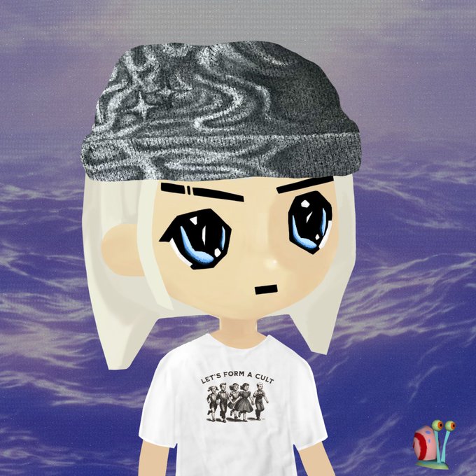 A stylized cartoon avatar of a girl with blonde hair wearing a patterned beanie and a t-shirt that reads 'LET'S FORM A CULT', with a small snail in the corner against a purple background.