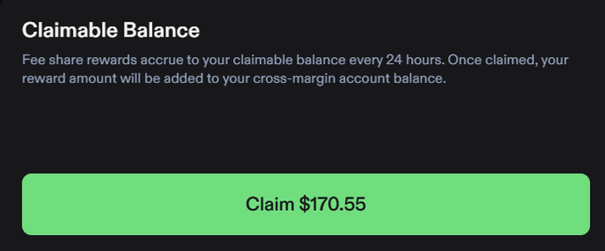 The image shows a "Claimable Balance" interface displaying $170.55 in fee share rewards available to claim into a cross-margin account. This aligns with the post's message about collecting daily USDC rewards from Phoenix (PhoenixTrade) for managing positions, offsetting a loss from a failed $KAITO funding rate farming attempt.
