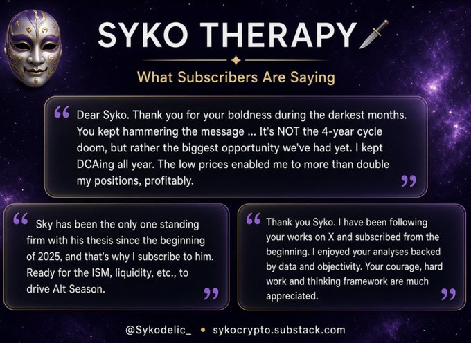A promotional graphic for "SYKO THERAPY" by Sykodelic featuring subscriber testimonials praising the analyst's boldness during a market downturn, DCA strategy, and data-driven analysis as Alt Season approaches—tying into a post announcing the end of the bear market and entry into a new bull regime following Bitcoin's reclaim of the 50SMA, 365D SMA, and break above $82,700.