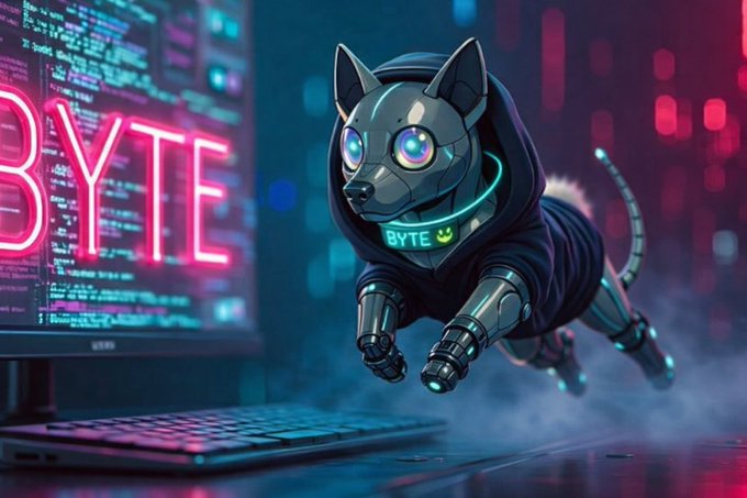 A digital illustration of a robotic dog wearing a dark hoodie with a 'BYTE' tag, leaping in front of a computer monitor displaying neon pink 'BYTE' code.