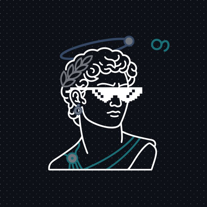 A stylized line-art illustration of a classical bust wearing pixelated "thug life" sunglasses, set against a dark dotted background with an orbital halo.