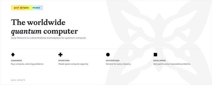 A website header for Quip Network Prime, described as 'The worldwide quantum computer' and a decentralized marketplace for quantum compute, featuring categories for Consumers, Operators, Enterprises, and Developers.
