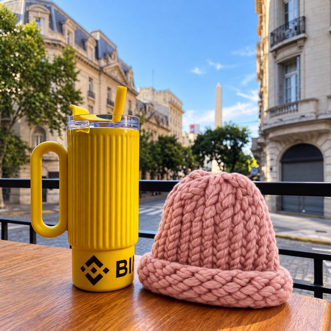 A yellow insulated tumbler with a Binance ("B") logo and two straws sits on a wooden table next to a pink knitted beanie hat, with a Parisian street scene and the Luxor Obelisk visible in the background.