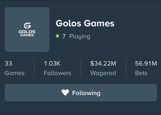 A profile card for Golos Games shows 33 games, 1.03K followers, $34.22M wagered, 56.91M bets, and 7 currently playing. The image supports the post's call to follow Golos Games on Stake by displaying their official profile page with a "Following" button.
