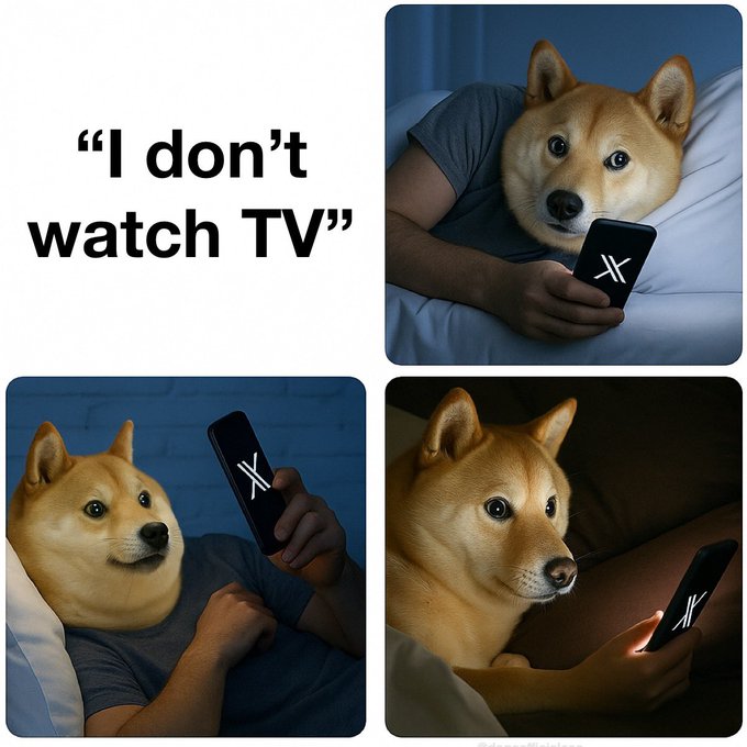 A four-panel meme features a Shiba Inu dog with a human body lying in bed under the covers, intensely staring at a smartphone displaying the X (formerly Twitter) logo. The text reads, "I don't watch TV," humorously suggesting that scrolling through social media on X has replaced traditional television viewing.