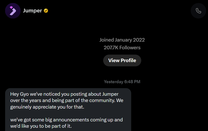 A screenshot shows the official Jumper account (207.7K followers, joined January 2022) DMing a user named Gyo about upcoming announcements, referencing the newly launched Jumper airdrop checker that reveals $JUMP token allocations like the user's 22,711 tokens.
