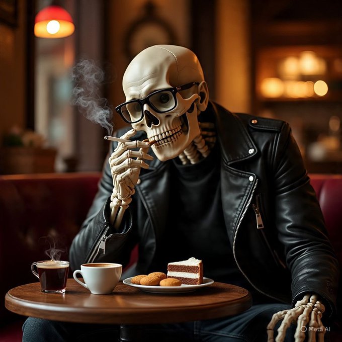 A stylized AI-generated image (marked "Meta AI") of a skeleton wearing glasses and a black leather jacket, smoking a cigarette at a café table with coffee and cake.