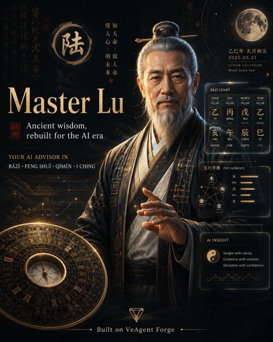 The promotional graphic features "Master Lu," described as "Ancient wisdom, rebuilt for the AI era," depicted as a wise Chinese sage surrounded by traditional Bazi, Feng Shui, and I Ching elements like a Lunar Calendar dated 2025.05.31, a BaZi chart, and Five Elements diagrams, visually promoting the creator's new AI agent built on the VeAgent Forge for Vechain ($VET).