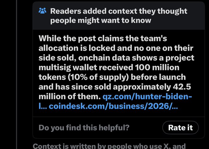 A screenshot of a Community Notes context addition on X (formerly Twitter) discussing onchain data about a project's multisig wallet selling tokens, with references to qz.com and coindesk.com.