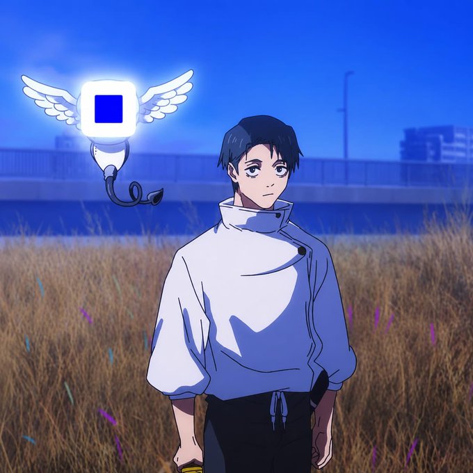 An animated illustration shows a dark-haired man in a white top standing in a field of tall grass, with a small winged white robot hovering beside him against a blue sky.