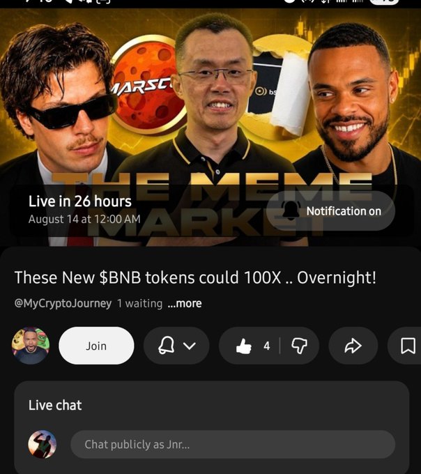 A YouTube live stream thumbnail featuring three men with crypto coin graphics, titled 'THE MEME MARKET' and 'These New $BNB tokens could 100X .. Overnight!' scheduled to go live in 26 hours.