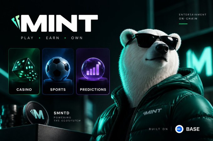 A promotional graphic for 'MINT - PLAY • EARN • OWN' showcases a cool white bear next to icons for Casino, Sports, and Predictions, labeled 'ENTERTAINMENT ON-CHAIN' and 'BUILT ON BASE'.
