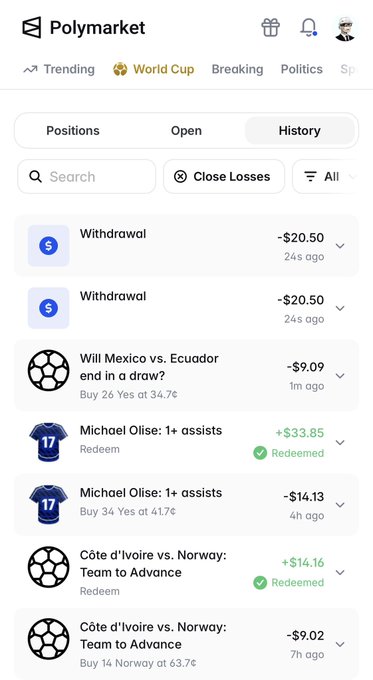 Polymarket trading app history tab showing various sports betting positions, including losses on 'Will Mexico vs. Ecuador end in a draw?' (-$9.09) and a redeemed win on 'Michael Olise: 1+ assists' (+$33.85).