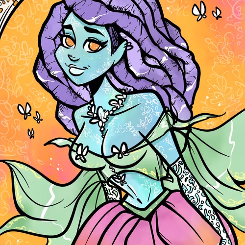 A stylized digital illustration of a woman with purple hair, blue skin, and golden eyes, wearing a green and pink dress, surrounded by butterflies against an orange floral background.