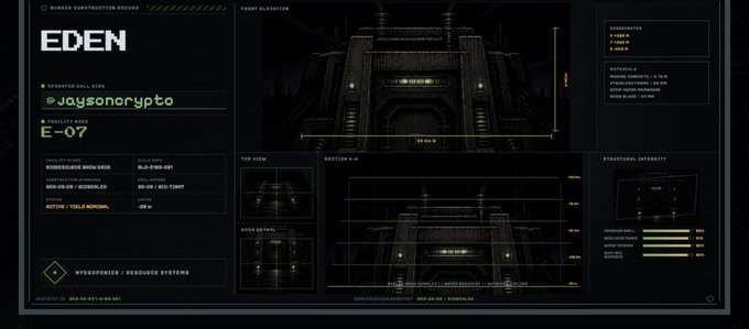 A dark technical schematic interface for 'EDEN' showing a structure labeled with @jaysonrypto and E-07, featuring multiple views including front elevation, top view, section A-A, and structural integrity metrics for a hydroponics/recycling system bunker.