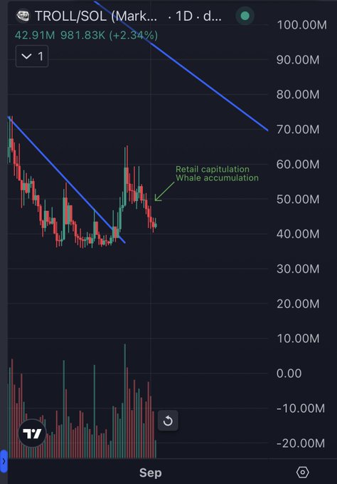 A TradingView 1-day chart of TROLL/SOL shows the token at 42.91M (down 2.34%, marked at 981.83K), with an annotation reading "Retail capitulation / Whale accumulation" pointing to recent price action near descending trendline support, visually supporting the post's thesis of a classic correction into a reversal ahead of new highs.
