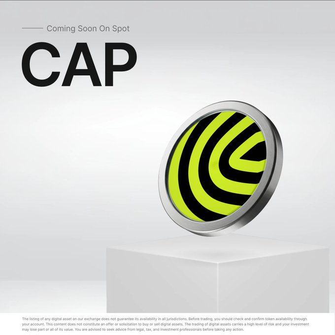 The image features a white cube with a yellow and black striped logo on top, which appears to be a digital asset or cryptocurrency. The caption below the image reads "CAP is coming soon to the #BybitSpot trading platform with @CapApp! Cap is a credit platform backed by financial guarantees available at any time for anyone interested in investing in digital assets." This suggests that the image might be related to an advertisement promoting a new cryptocurrency, such as Bitcoin or another digital asset.