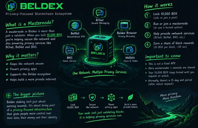 An infographic about Beldex, a privacy-focused blockchain ecosystem, explaining what a masternode is, why it matters, and how it works with services like BChat, BelNet, Beldex Browser, BNS, and Wallets.