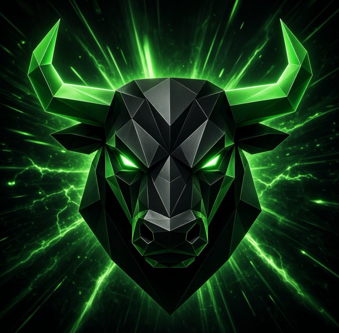 A stylized low-poly digital illustration of a bull's head featuring glowing green eyes and horns against a dark background with radiating green light rays.