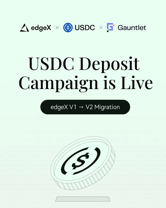 This image announces the launch of the USDC Deposit Campaign on edgeX, featuring the edgeX V1 to V2 migration, in partnership with USDC and Gauntlet. The visual of a USDC coin dropping into place reinforces the campaign's focus on deposits.