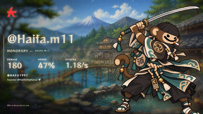 A profile banner for '@Haifa.m11' featuring a monkey samurai character wielding a sword against a Japanese landscape background, displaying stats like DAMAGE 180, ARMOR 47%, and ATTACKS 1.18/s.