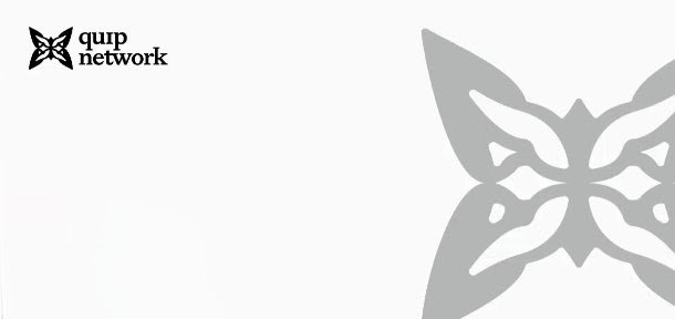 A logo for "quip network" appears in the top-left corner alongside a large, decorative butterfly graphic on a gray background, likely serving as branding for Quip Network's announcement about improved node manager performance and efficiency.