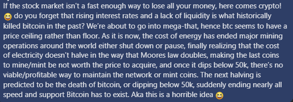 A Facebook comment arguing against Bitcoin's viability, citing rising interest rates, energy costs, mining economics, and warning that a drop below $50k could collapse the network's support. The post's caption mocks this pessimistic Bitcoin take as over-the-top doomer logic.