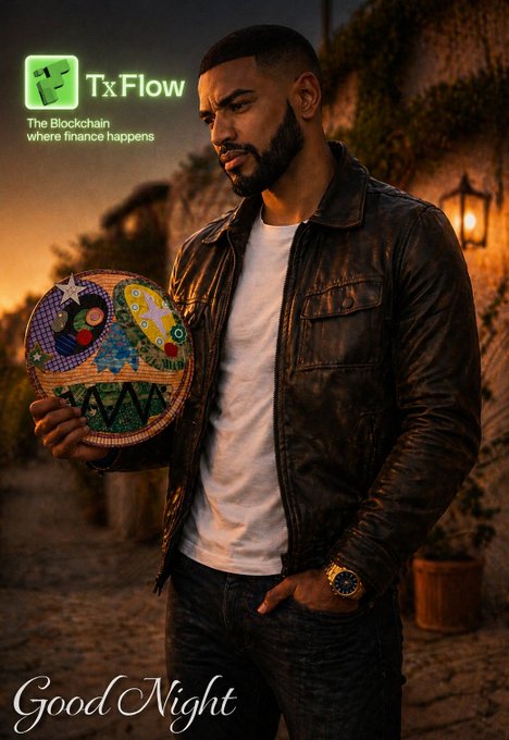 The image features a man wearing a leather jacket holding a round object with a design of a bird and a tree. The background shows an outdoor setting with a building and some plants. The caption reads "Good night, builders Some of the biggest wins in crypto come from simply being early and paying attention when nobody else is".