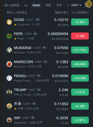 A cryptocurrency trading app displays meme tokens on what appears to be a Chinese exchange, with DOGE/USDT at 0.10215 (+3.36%), PEPE at -1.79%, MUBARAK surging +71.77%, MARSCOIN +34.04%, PENGU +14.79%, TRUMP at 2.246, and others.