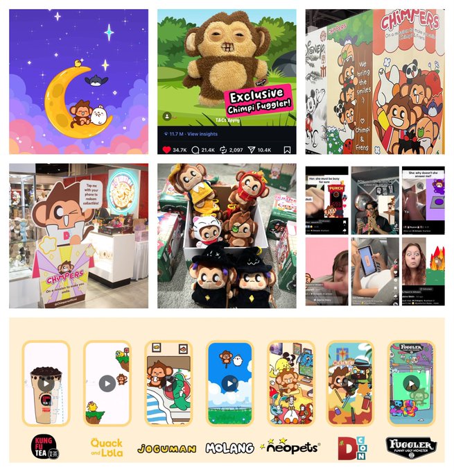 A collage showcasing the "Chimpi" NFT project and related brands like Quack and Lola, Joguman, Molang, Neopets, and Fuggler, featuring plush toys and various monkey characters.