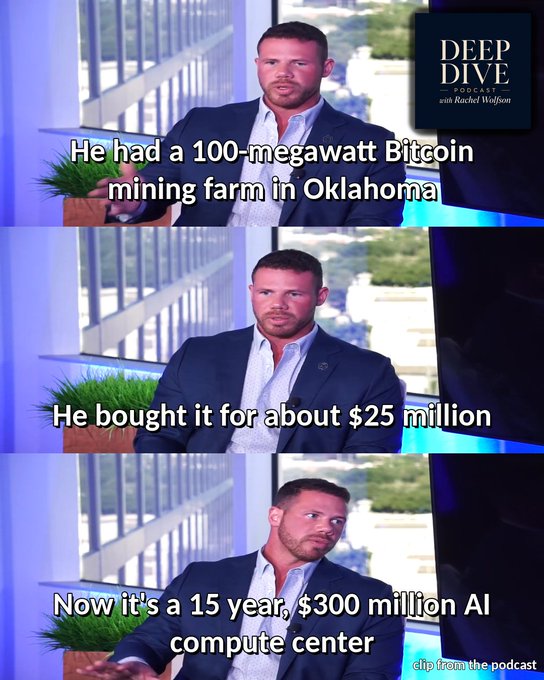 Three stacked frames from the "Deep Dive Podcast with Rachel Wolfson" show a man in a suit speaking, with captions stating: "He had a 100-megawatt Bitcoin mining farm in Oklahoma," "He bought it for about $25 million," and "Now it's a 15 year, $300 million AI compute center."
