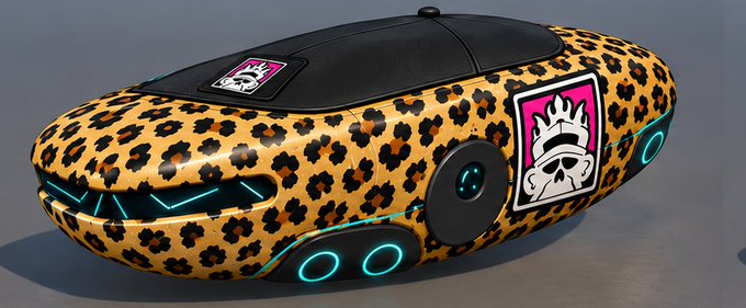 A futuristic vehicle features a leopard print exterior with skull and crown decals, glowing cyan accents, and a black roof.