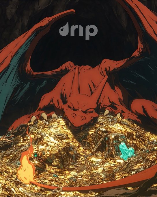 An illustrated red dragon crouches on a pile of gold treasure inside a cave, with the word 'drip' displayed at the top.