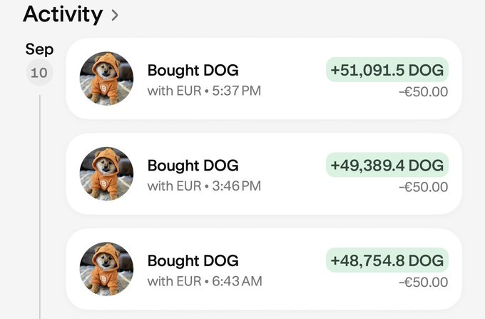 A mobile app activity log shows three purchases of DOG cryptocurrency for €50.00 each on September 10, with corresponding DOG amounts displayed.