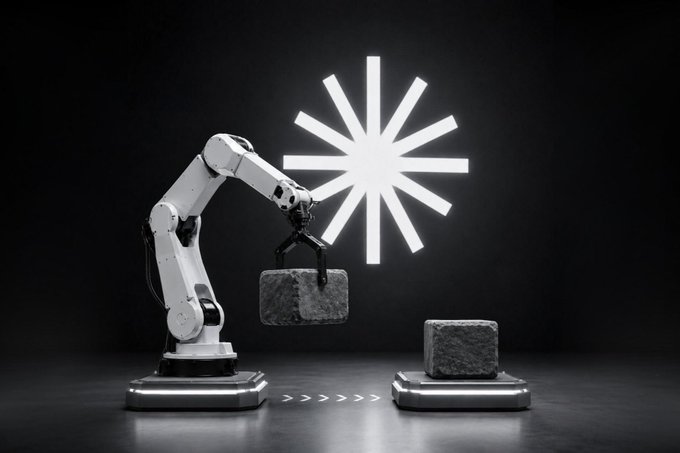 A robotic arm lifts a concrete cube against a dark background featuring a white sunburst design.