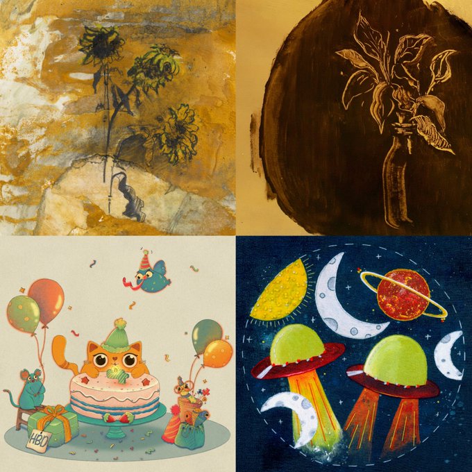 A four-panel image showing different artworks: a sunflower sketch, a vase illustration, a cartoon birthday scene with cats and balloons, and UFOs with moons on a dark blue background.