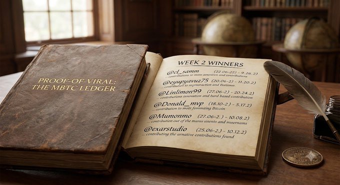 An open leather-bound book titled 'PROOF-OF-VIRAL: THE MBTC LEDGER' listing 'WEEK 2 WINNERS' with handles like @0x1_samm, @yegupyavuz75, @LinHmon99, @Donald_mvp, @Mumommo, and @exartstudio, displayed on a wooden desk with a quill pen and globe.