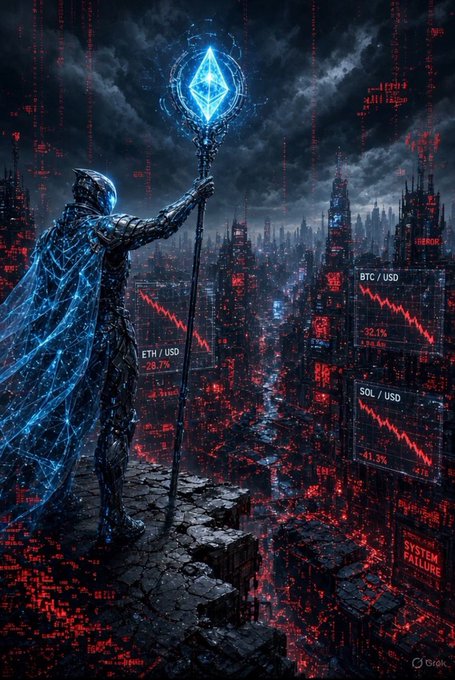 A dark, cyberpunk-style digital artwork depicts a cloaked armored figure holding a glowing blue crystal staff, overlooking a dystopian cityscape with red digital rain and falling cryptocurrency charts labeled 'BTC / USD,' 'ETH / USD,' and 'SOL / USD.'