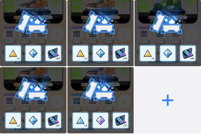 Five in-game reward screens from a shoe-themed game, each showing a blue sneaker item and a random bonus of x3 efficiency, x1 luck, and a varying quantity of shoe mints (x83, x95, x82, x81, x57).