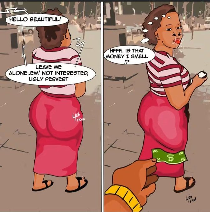 Two-panel comic where a man says 'HELLO BEAUTIFUL!' and is rejected, then asks 'HFFF. IS THAT MONEY I SMELL !?' while holding a $100 bill toward a woman who notices.