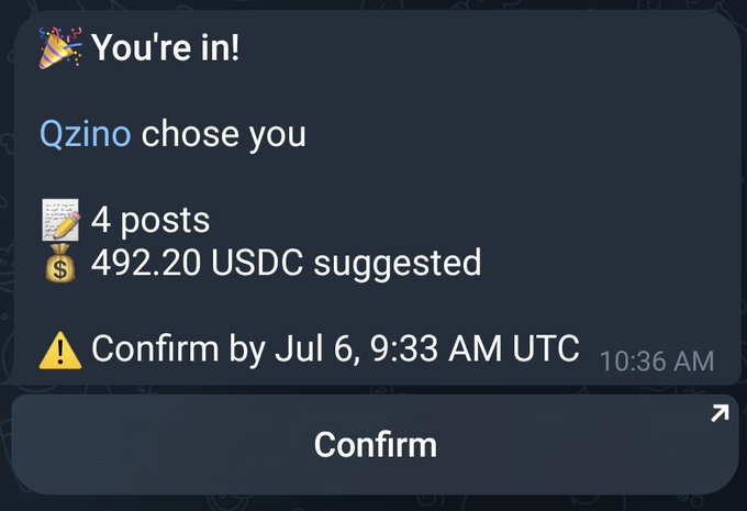A Telegram notification from Wallchain bot confirming selection for the "Qzino" campaign, showing 4 posts suggested at 492.20 USDC with a deadline of July 6, 9:33 AM UTC, alongside the recipient's note that this equals ~123.05 USDC per post.