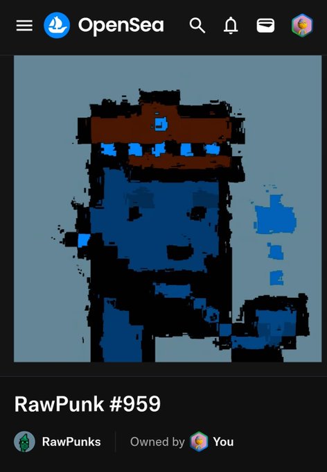 An OpenSea NFT listing for 'RawPunk #959' from the RawPunks collection, displaying pixelated blue character artwork and noting it is owned by 'You'.