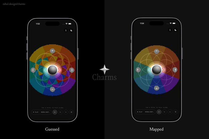 A product design mockup showing two iPhones displaying a 'Charms' color wheel app interface, with screens labeled 'Guessed' and 'Mapped' and the brand 'rahul.design/charms' in the corner.